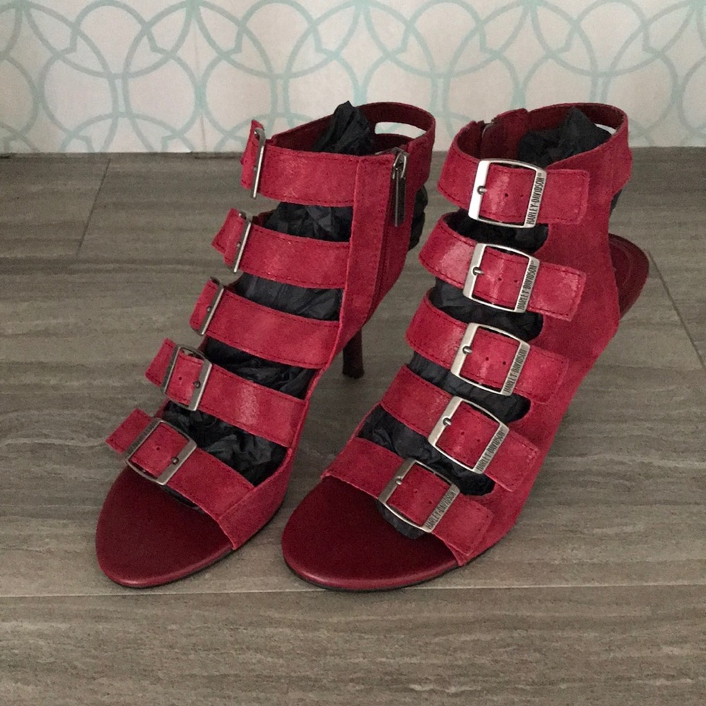 Shiny Red Harley Davidson Heels, Mint!